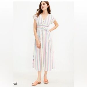 LOFT Rainbow Striped V-Neck Midi Dress with Waist Tie